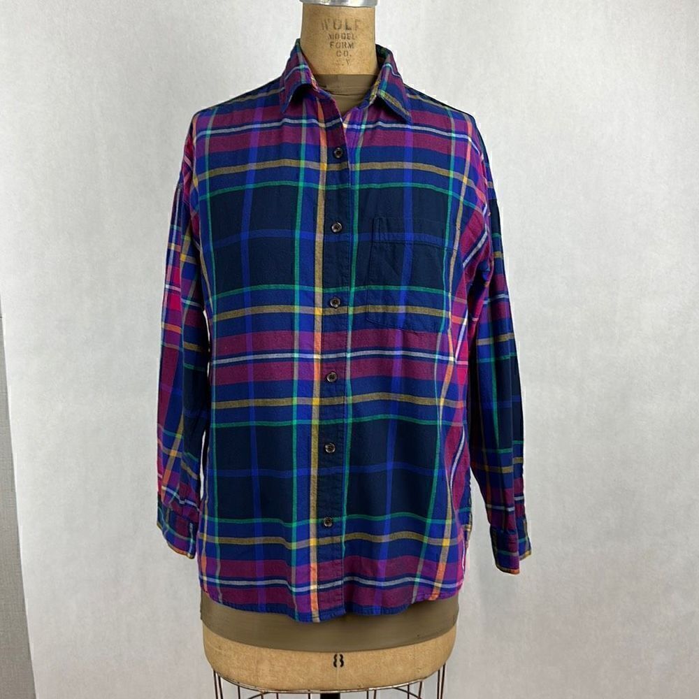 Old Navy The Boyfriend Shirt Size Medium Plaid Colorful Blue Pink